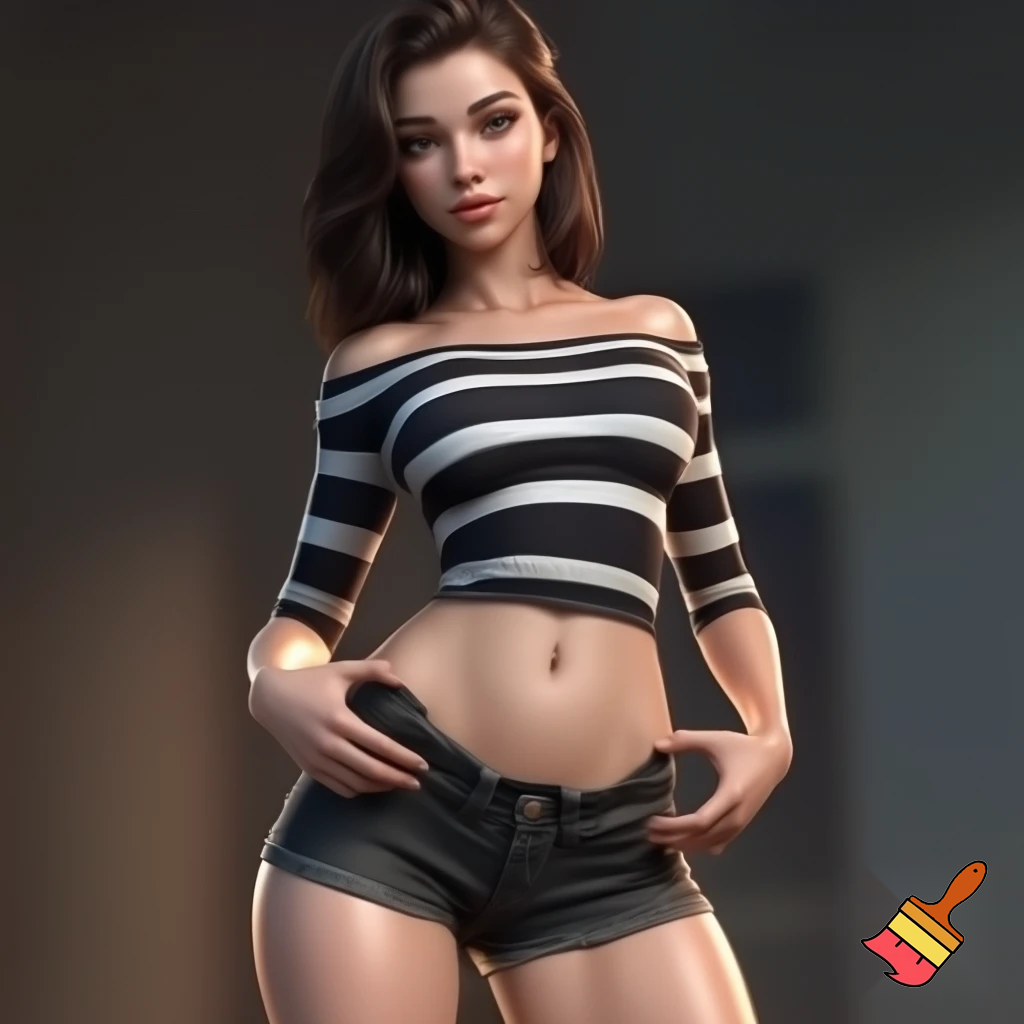 Girl 20 years old is dressing striped off shuolder tight shirt and very short black jeans the girl is so cool and cute standing and holding her jeans and have cool body make is so realistic