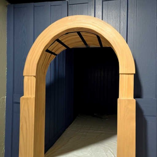 Paint the mdf arch with dark blue but wheather a little the arch making gold apears less shiny and dark blue the wooden slats
