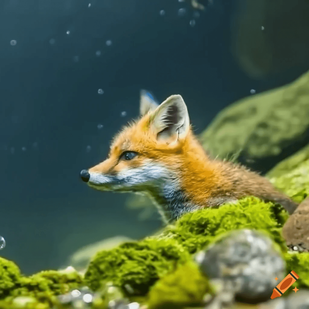 Photorealistic AI art generated image of a baby fox underwater, surrounded by mossy rocks. 