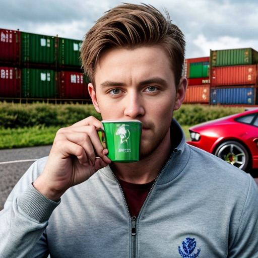 generwate an image of conor macmanus from ireland brown hair 5 ft 6 and from blackrock colage and with a blue quater zip first year driving a ferrrari car no helmet still wearing the blue quater zip wereing a quaterzip drinking matcha from a starbuck cup 13 year old but put it all on a big cargo ship



