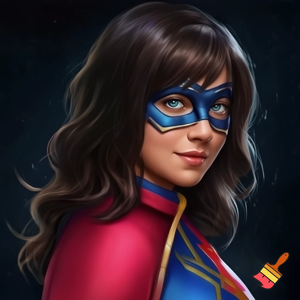 Kate Bishop black hair Blue Eyes white skin married ms marvel Kamala khan brown skin dark brown hair dark eyes blue mask red blue outfit 