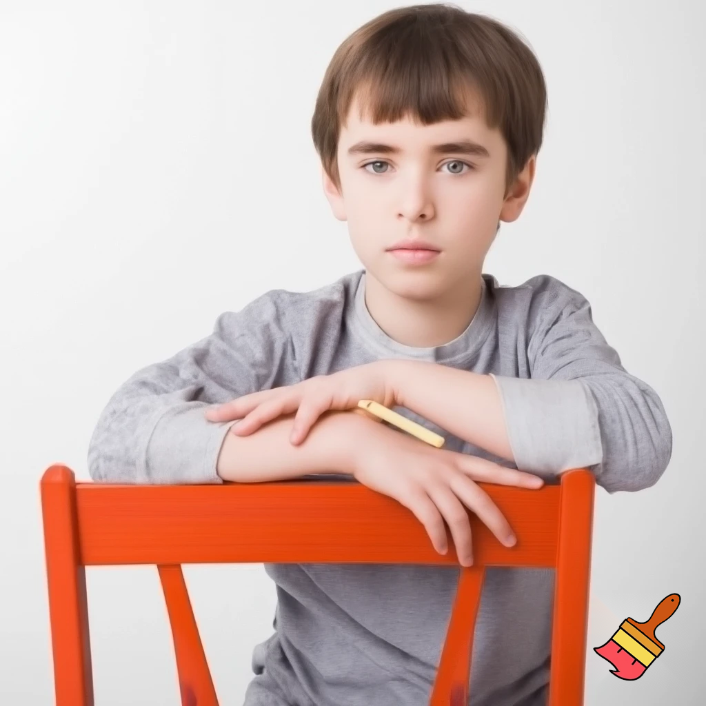 A boy sitting on the chair looking in front and made with pencil no colour 