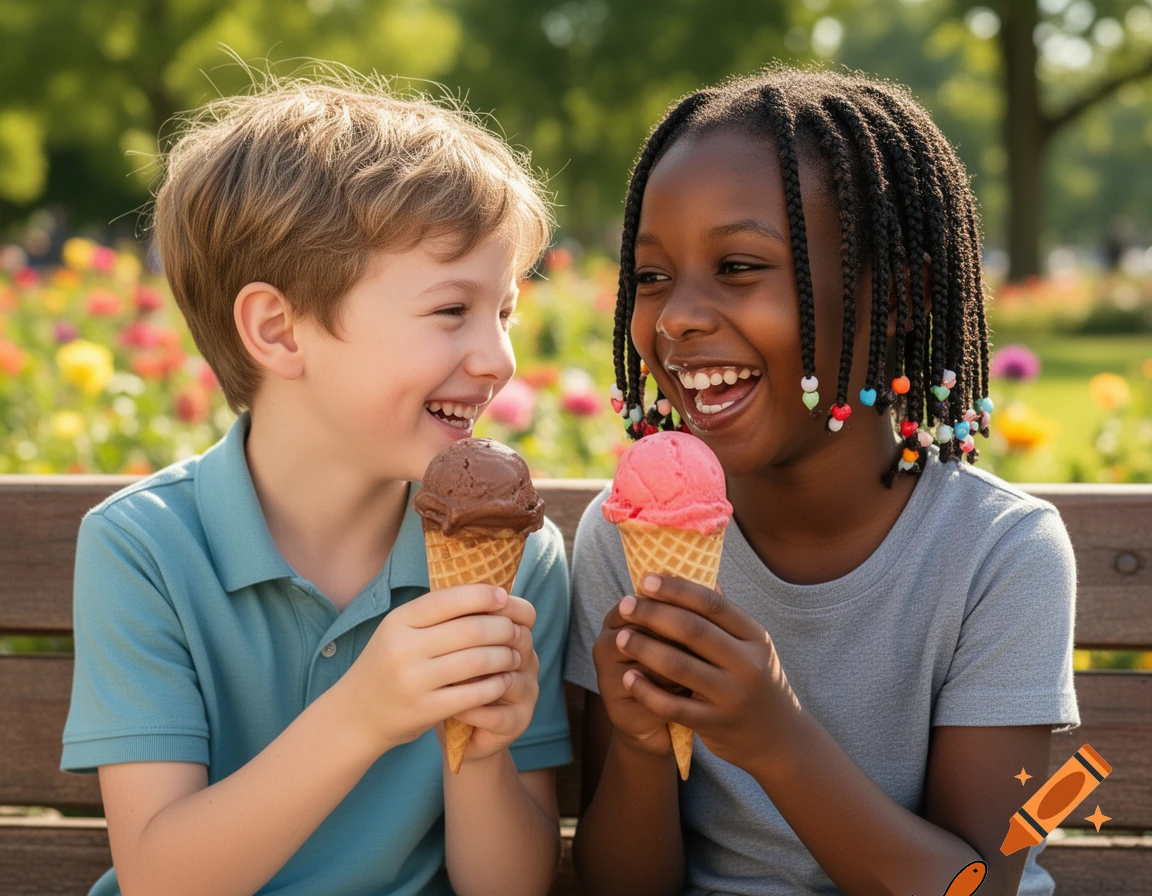 A wholesome scene suitable for children. A ten year old couple having fun on their first date. They are enjoying ice cream together. He is white and she is black. 