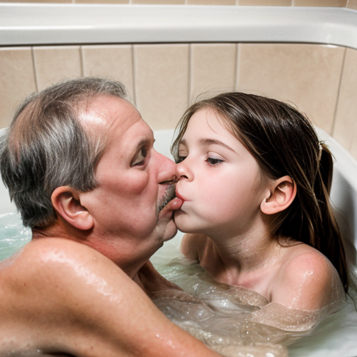 Crea la imagen real en alta definicion de una niña rubia de 8 años con su padre en la tina de baño desnudos besandose