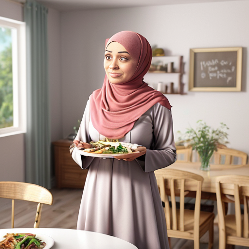 Pixar-style 3D cartoon, Muslim woman, 50 years old, fully covered, headscarf covering all hair, modest appearance, wide flowing pink dress, standing in a modern living/dining room, placing plates on the table, preparing food to eat, medium-class interior, neutral colors, simple furniture, cozy atmosphere, bright friendly lighting, simple cartoon style
