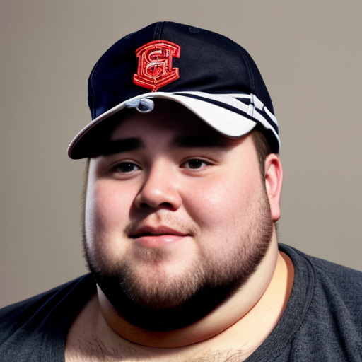 28 Year old Fat Guy with a big nose and has medium sized curly hair and is wearing a plain brown cap