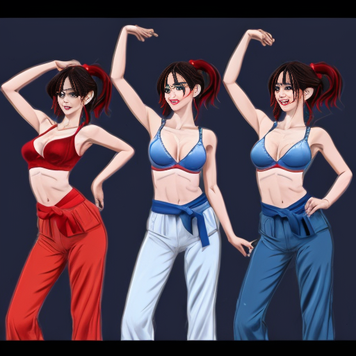 90's disney's 2d aladdin style comic dark blue background and panels of panel 1 giant bubble that transforms into a black haired ponytail woman with blue skin, blue harem pants red bra and red sash and red curved slippers. 
Panel 2 the blue skinned black haired ponytail woman with blue harem pants red bra and red sash and red curved slippers then blows a second bubble that transforms into another black haired ponytail woman with blue skin,blue harem pants, red bra and red sash red curved slippers. 
Panel 3 then the second black haired ponytail blue skinned woman with blue harem pants and red bra and red sash and red curved slippers blows a third bubble that transforms into the third black haired ponytail woman with blue skin, blue harem pants and red bra and red sash and red curved slippers. 
Panel 4 and then the third black haired ponytail woman with blue skin, blue harem pants and red bra and red sash and red curved slippers then blows a fourth bubble that transforms into the fourth black haired ponytail woman with blue skin blue harem pants and red bra and red sash and red curved slippers. 
Panel 5 Then the four black haired ponytail women with blue skin , blue harem pants, red bra and red sash and red curved slippers then raising their arms together and swaying their hips. 
Panel 6 then the belly bugles of the four black haired ponytail Women with blue skin, blue harem pants, red bra and red sash and red curved slippers merging and fusing together and swelling.