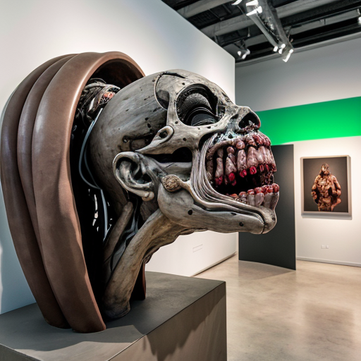 A high-resolution, detailed photograph capturing a complex, visceral biomechanical sculpture and human subject within a contemporary art gallery setting. The central figure is a large, elaborate sculpture constructed from exposed anatomical textures, deep red meat, bone, and intricate wiring, featuring multiple multi-jointed human heads and torsos with agape, screaming mouths, suspended and framed by white PVC piping and supports. The sculpture rests on a distressed white plinth with wheels. Standing next to it is a underground humanoid cannibal wearing a light blue face mask, a black long-sleeved shirt, dark jeans, and grey sneakers. In the foreground, another sculpture covered in a white cloth is visible. The gallery walls are mint green, and a large, framed classical painting is on the wall behind the sculpture. The scene has even, diffused lighting that highlights every extreme detail and texture, making the gore and materials look palpably real."