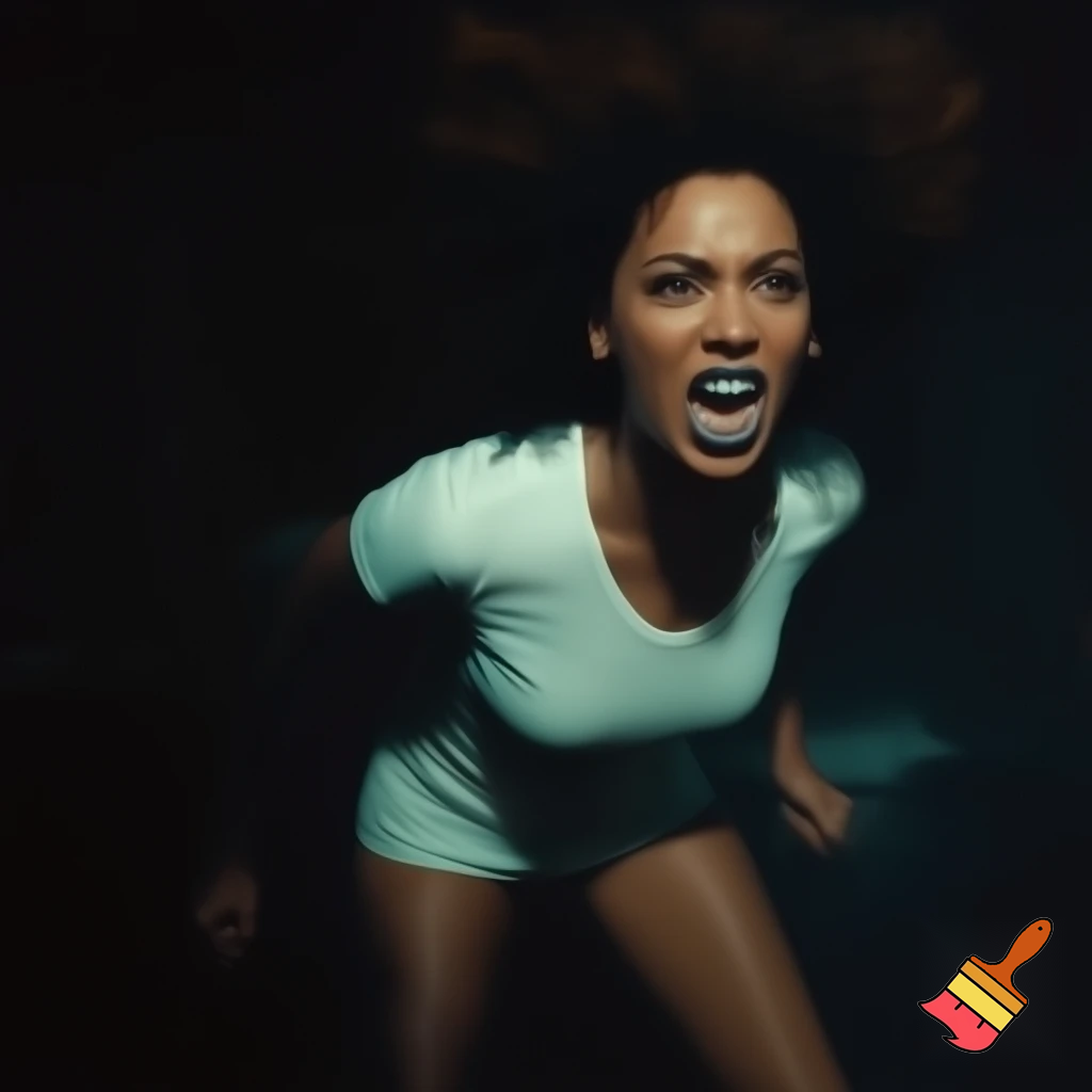 Beyonce with black short curly hair wearing a white shirt with shorts in a black setting moving screaming in a  bar ,she should be angry expression & furious, close up ,she is with grey lipstick ,close up of her face 