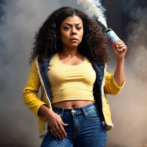 Taraji P. Henson as an FBI one beige fur jacket and yellow beige tank top red and yellow dots and blue jeans with long curly thick hair 20th Century Fox spray sprinkling water TNT stone smoker *punch*