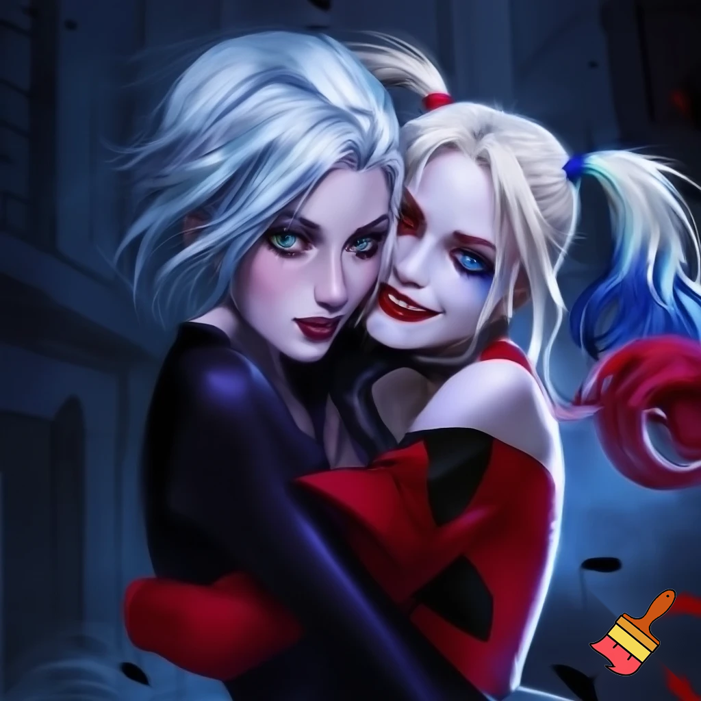 Killer frost crystal frost white hair blue eyes blue dark color bodysuit kissing Harley Quinn blonde hair two pigtails blue eyes red black jester outfit 