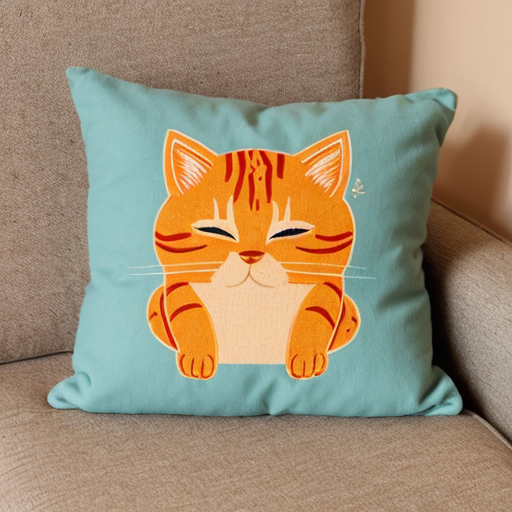 A fluffy orange cat sleeping on a soft cushion, peaceful expression, warm cosy colours in cartoon style