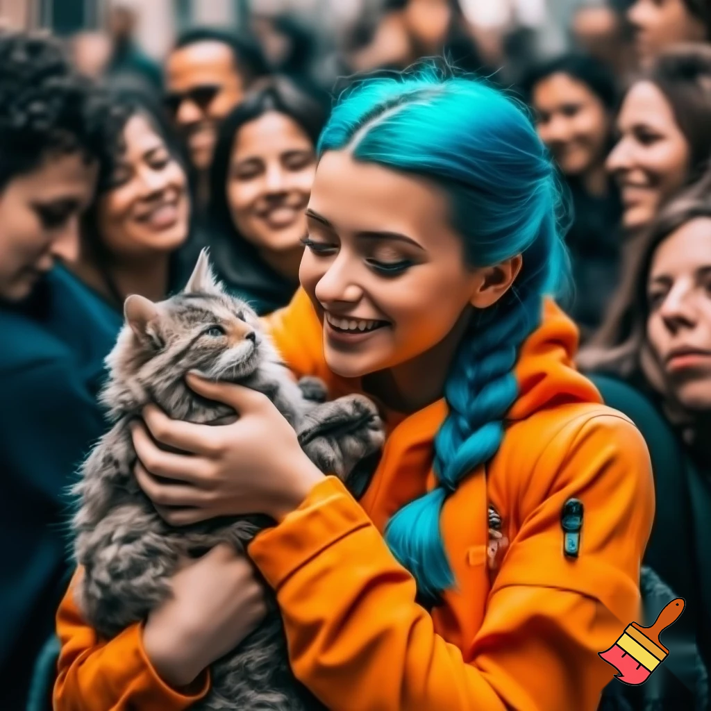 a girl with blue hair braid and a orenge jacket holding a cat and a smle all the people like her