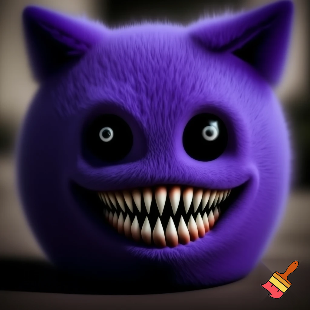 big purple monster it was shaped like a round thing with ears like a cat it had black eyes except for its tiny pupils that were a piercing white it had a wicked smile for such a short creature it had thousands of skinny razor like teeth in its mouth
