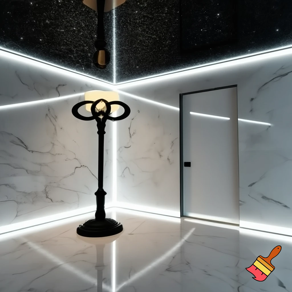 Chanel lamp, white marble floor, black ceiling with stars, white marble walls, neon lights surrounding the entire room,new plain white door with glass edge