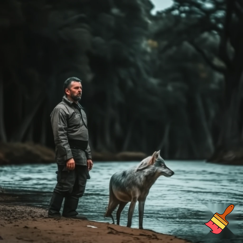 a man standing at river end with wolf