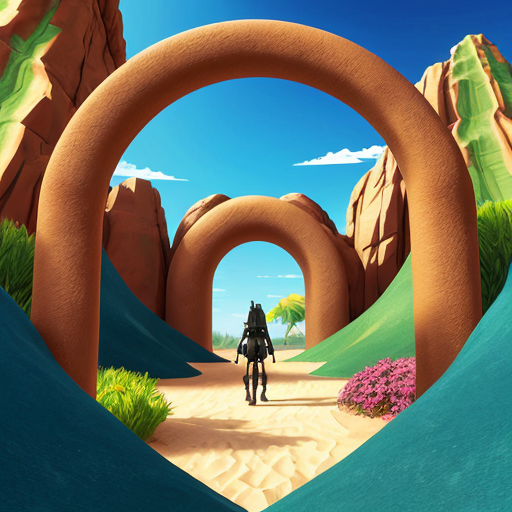 Paint and desert arch with multiple abstract figures in Tanguy style