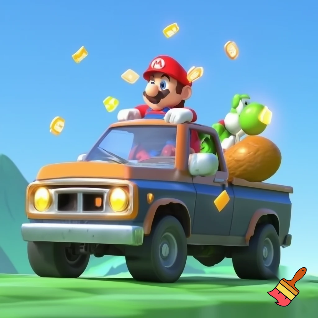 Mario driving a pickup truck with free v bucks and yoshi holding a bag of v bucks. Make the image clean 