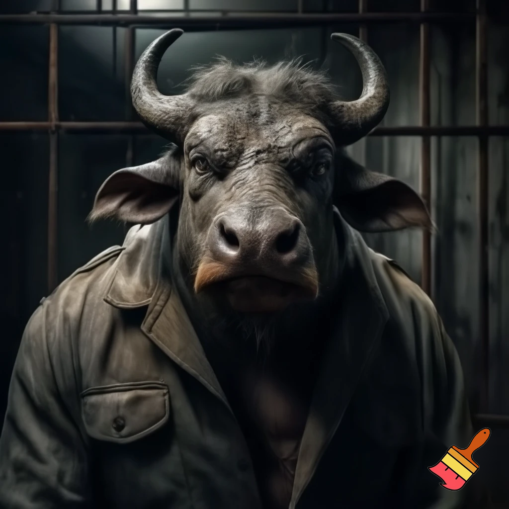 water buffalo:
mug shot standing
evil 
sinister
prison outfit
