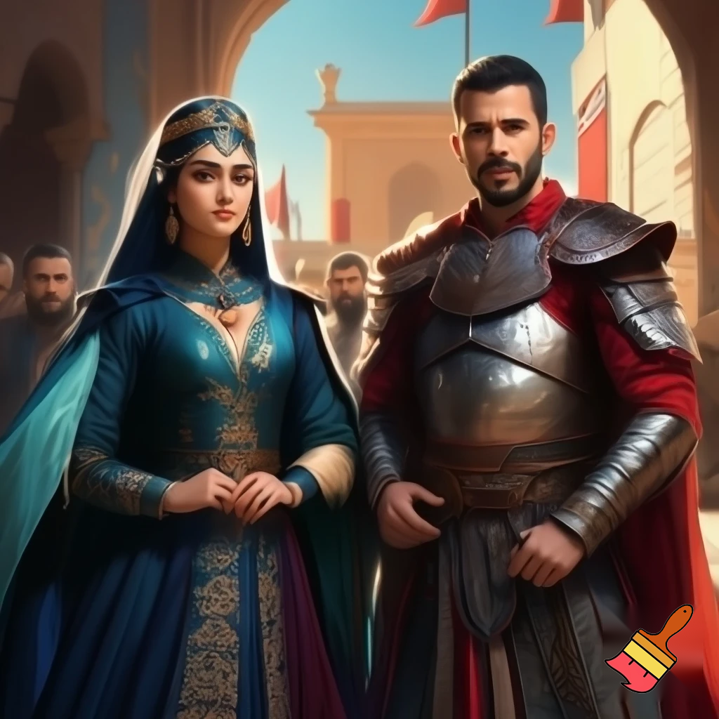  esra bilgic  as halime sultan and baris arduc as alparslan
 standing together
