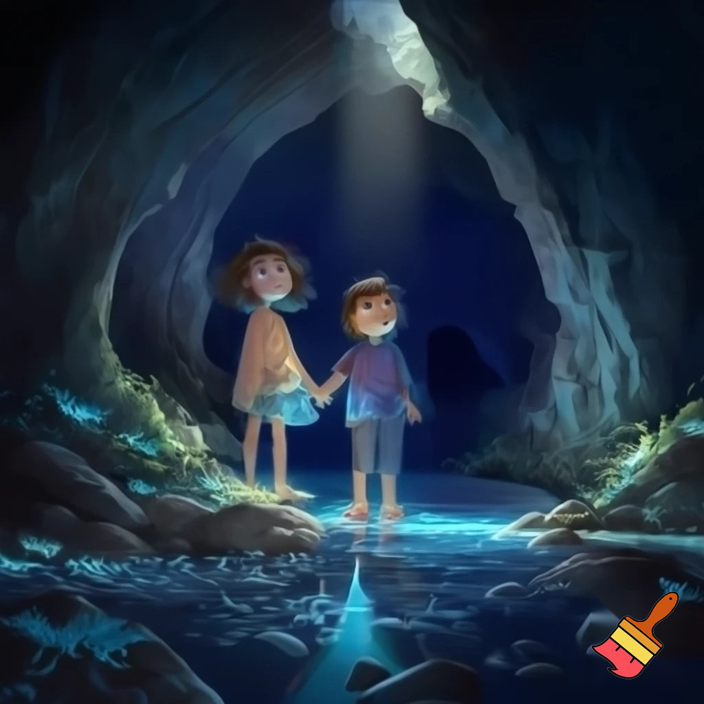 Girl and boy in cave with water
