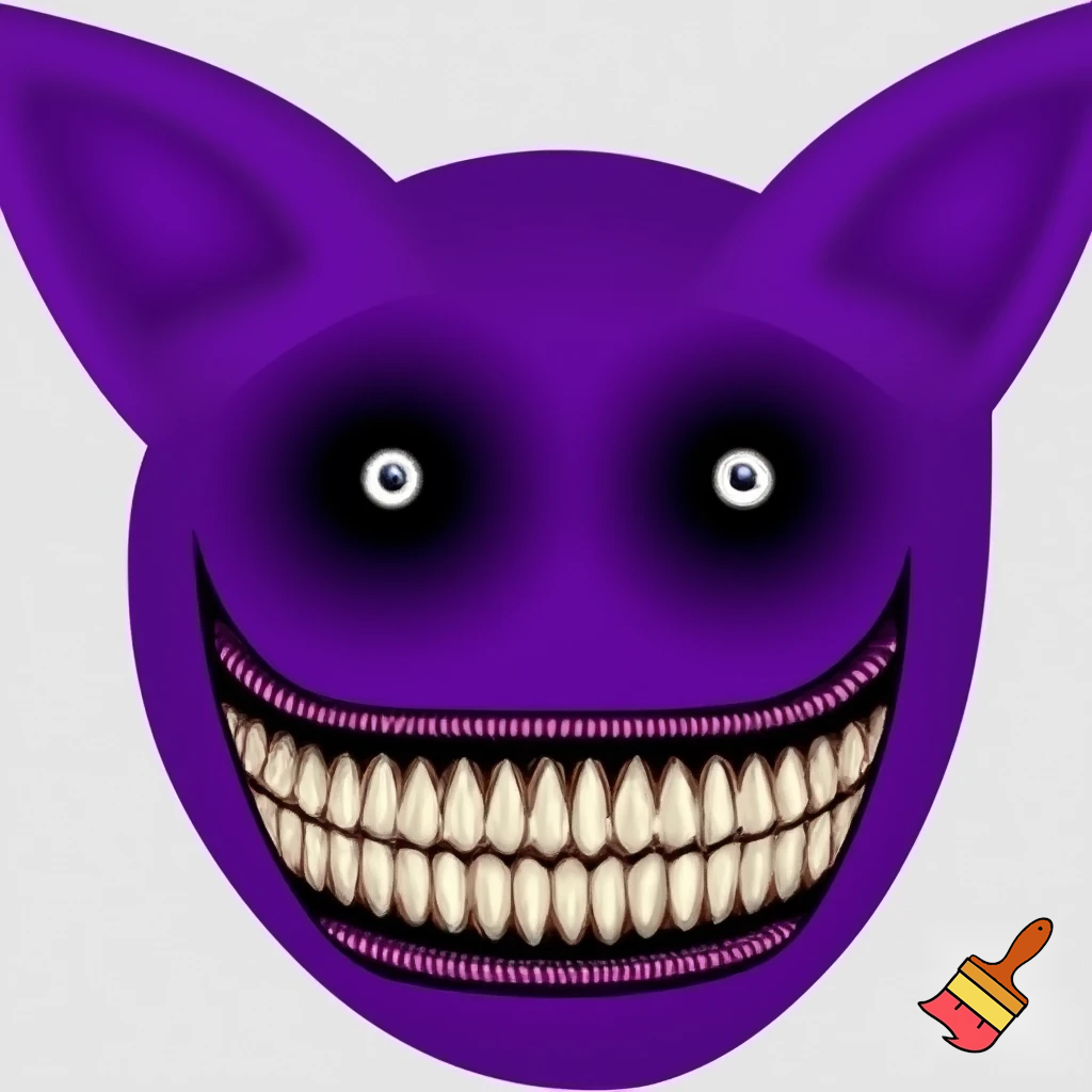 a big purple monster its ears ears like a cat it had black eyes except for its tiny pupils that were a piercing white it had a wicked smile for such a short creature it had thousands of skinny razor like teeth in its mouth under trampoline world