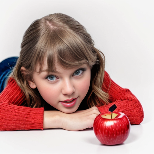 Jabłko z realistyczna twarza Taylor Swift oraz z uroczymi małymi zwierzęcymi nóżkami i rekami. Na białym tle. Ma być dorosła. Bardzo urocze!