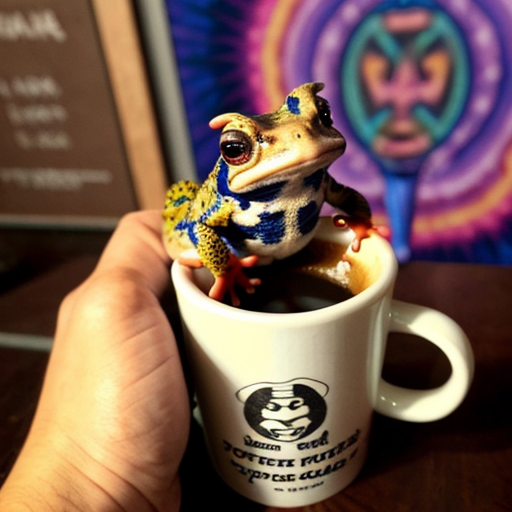 A hillarious, funny boho toad with some hippie colored coffee cups. Psychedelic decorated background, hyperrealistic. Close-up view.