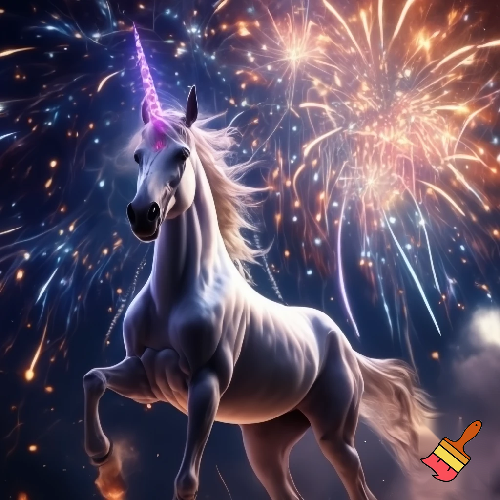 unicorno sotto fuochi d'artificio
