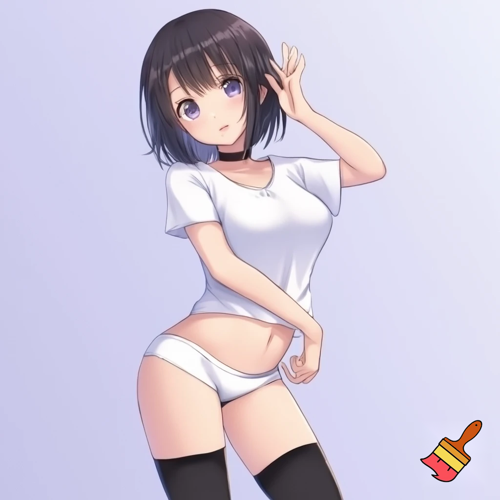 Anime girl 20 years old so cool and cute with underwear clothes is dressing very short shirt and thigh high socks is standing in cool pose make is so anime