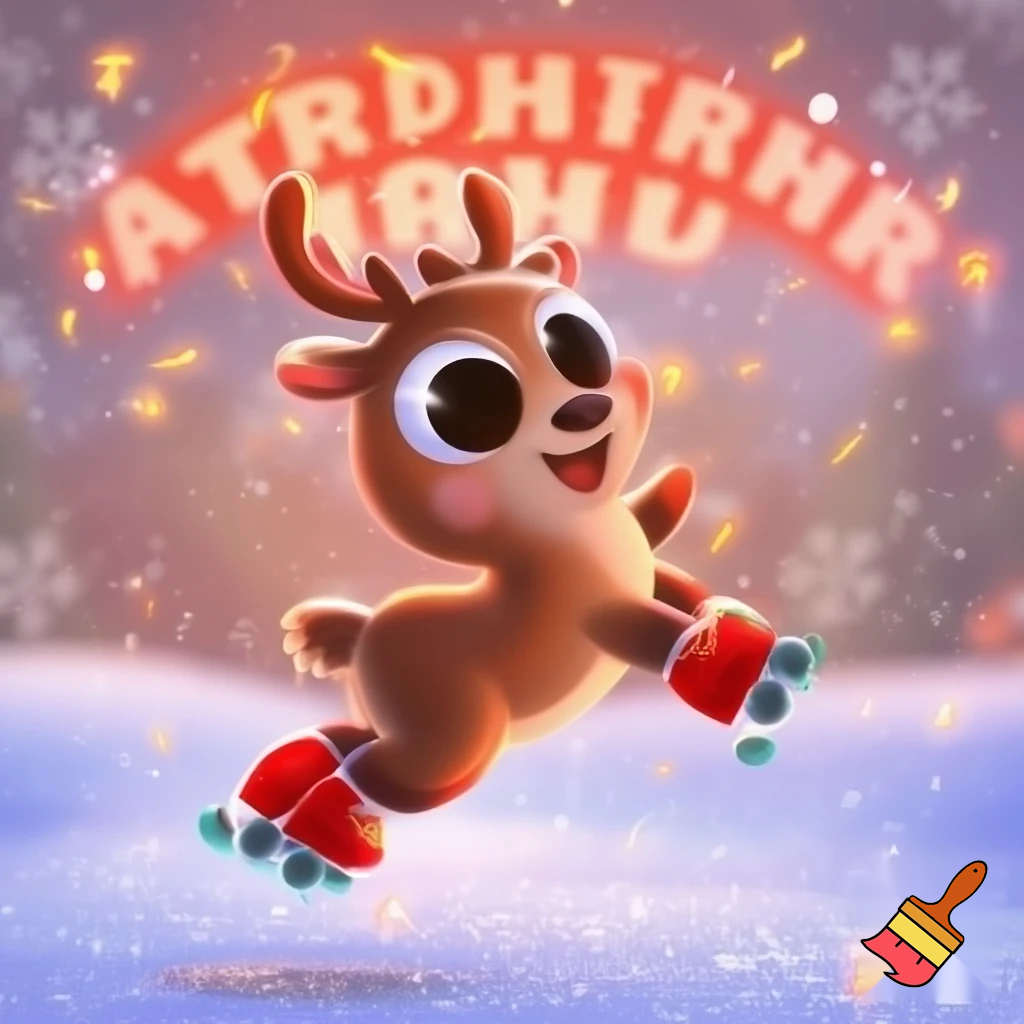 Cc.  crea ’illustrazione in stile disegno/cartoon, pensata per bambini, con: una renna simpatica che indossa pattini a rotelle atmosfera natalizia (neve, lucine, colori caldi) stile dolce, allegro e giocoso scritta ben leggibile “Buon Natale!
