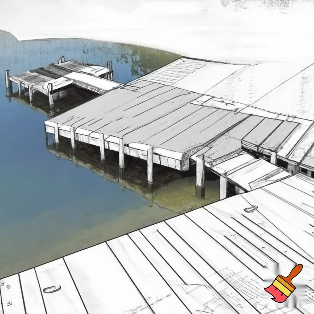 A construction sketch of a dock over a small pond with 18 pilings and a  terminal shaped end over the water 
