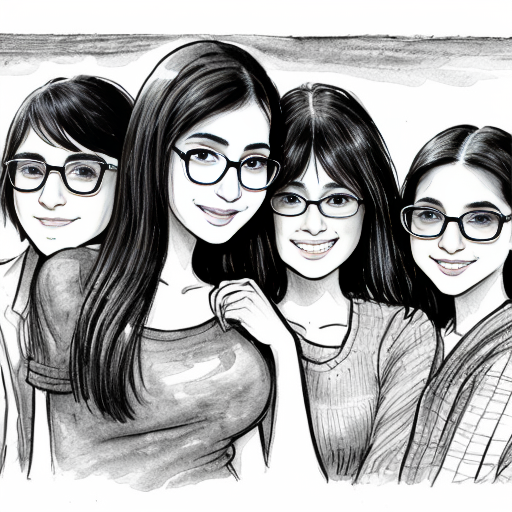 black and white manga style illustration, Indian Christian girl meeting 4–5 guy friends of her best friend for the first time, emotional and cute atmosphere, modern city setting, heroine looking at a tall boy with short straight hair and rectangle glasses, shy smile, expressive eyes, detailed ink line art, Japanese manga style, cinematic composition, manga panel layout, no color