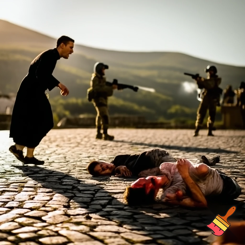 In the foreground, two young men fall to the ground, wounded; on the left, a priest runs to the rescue; in the background, a firing squad fires. Summer; setting: square with Italian hills in the background.