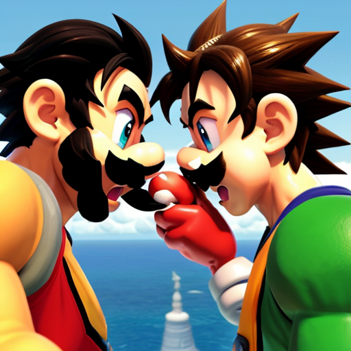 mario and luigi thumb wrestling each other on a big island, 90's dragon ball art style.
