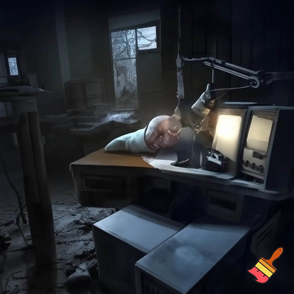 Disegna un uomo steso sul tavolo di una postazione radio moderna in un ambientazione post apocalittica. L'uomo ha un microfono conficcato in testa