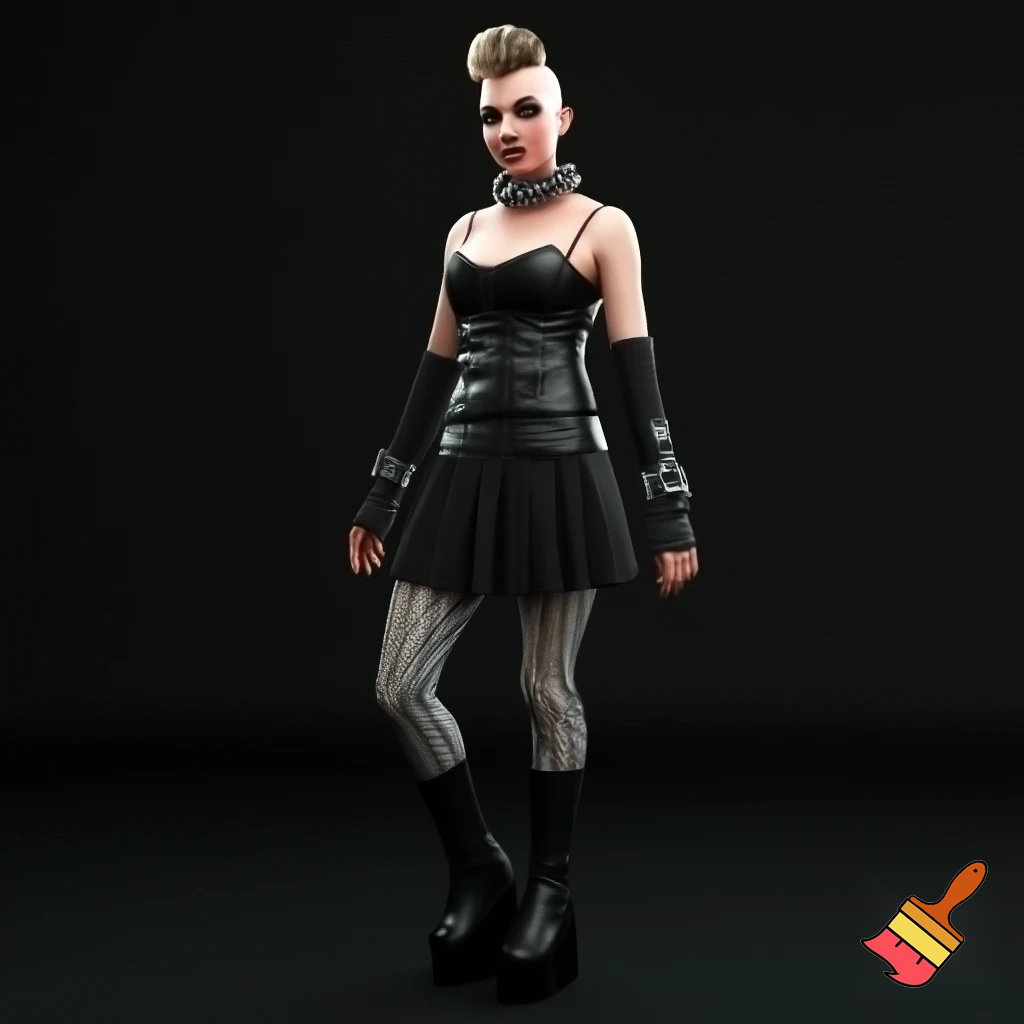 Attractive woman with an undercut and bold makeup wearing a spiked collar, buckle arm warmers, a corset, a body belt, a pleated skirt, vertical striped stockings and platform boots 
