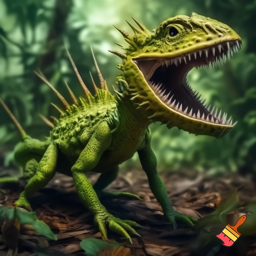 a animal that has green skin and has no eyes
and has a tail with spike on the tail and body and looks like a fly trap and lives in the rainforest has a big mouth and has shark teeth and has legs
and with no eyes and walks on all four legs
