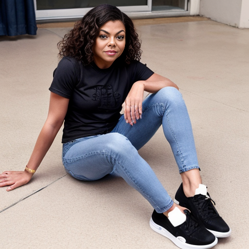 Taraji P. Henson long brown curly hair black t-shirt under t-shirt and blue jeans black pickle toes shoes out 