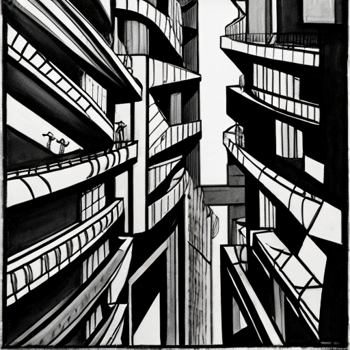 City inspired in the german expressionism architecture, exagerated forms and lines. Dasrk tone