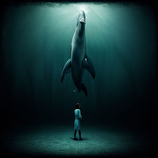 creepy liminal space with a long dark scary dolphin