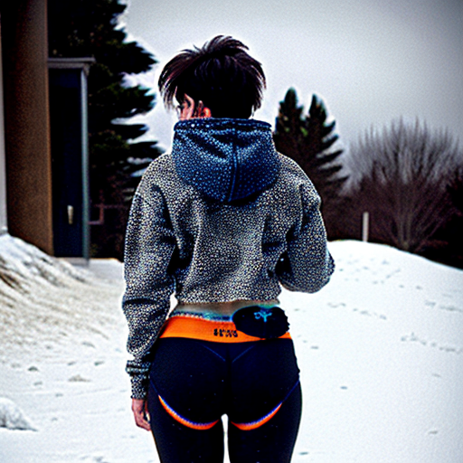 Cinematic, photorealistic full-body portrait of a young woman with dark hair, standing in a snowy field at dusk. She is positioned in a snowdrift. The atmosphere is cinematic with dramatic, moody lighting.

She is wearing a short cropped white hoodie that ends above her navel, exposing her midriff. The hoodie has long sleeves, a hood with drawstrings, and a loose hem with no elastic band. The ENTIRE surface of the hoodie—including the front, back, both sleeves completely, and the hood—is fully covered in a gray leopard print (greyscale cheetah pattern). No solid white fabric is visible anywhere on the hoodie.

On her lower body, she is wearing only white hiphugher briefs with a wide waistband. The waistband is decorated with a continuous black text strip with small, sharp font. The fabric of the briefs is smooth and matte. A subtle but distinct vertical center seam runs down the front of the briefs along the pubic area, slightly visible and contrasting against the smooth fabric.

Her legs are bare. No pants, no shorts, no leggings. The composition emphasizes the contrast between the casual hoodie and the minimalist briefs against the winter landscape. Soft cinematic lighting, shallow depth of field, sharp focus on fabric textures and the central seam, 8k resolution, shot on professional DSLR. --ar 2:3