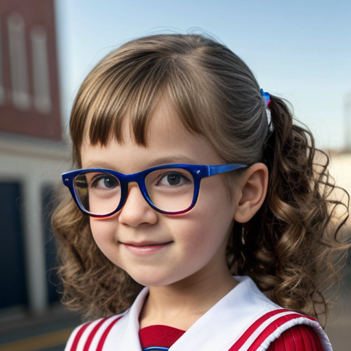 Cute adorable niña Chilindrina glasses con hair lazo curly Blonde con sailor uniforme escolar con zapatos negros escolar con calcetines blancos con Estados Unidos América bandera con desfile con ciudad 4