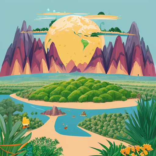 An illustrative planet colored like a jungle, showing various biomes (forests, deserts, mountains, waters), cartoon/illustrative style, text above in Romanian: "Călătorie în lumea UNESCO", vibrant and friendly atmosphere, bright colors and rich details