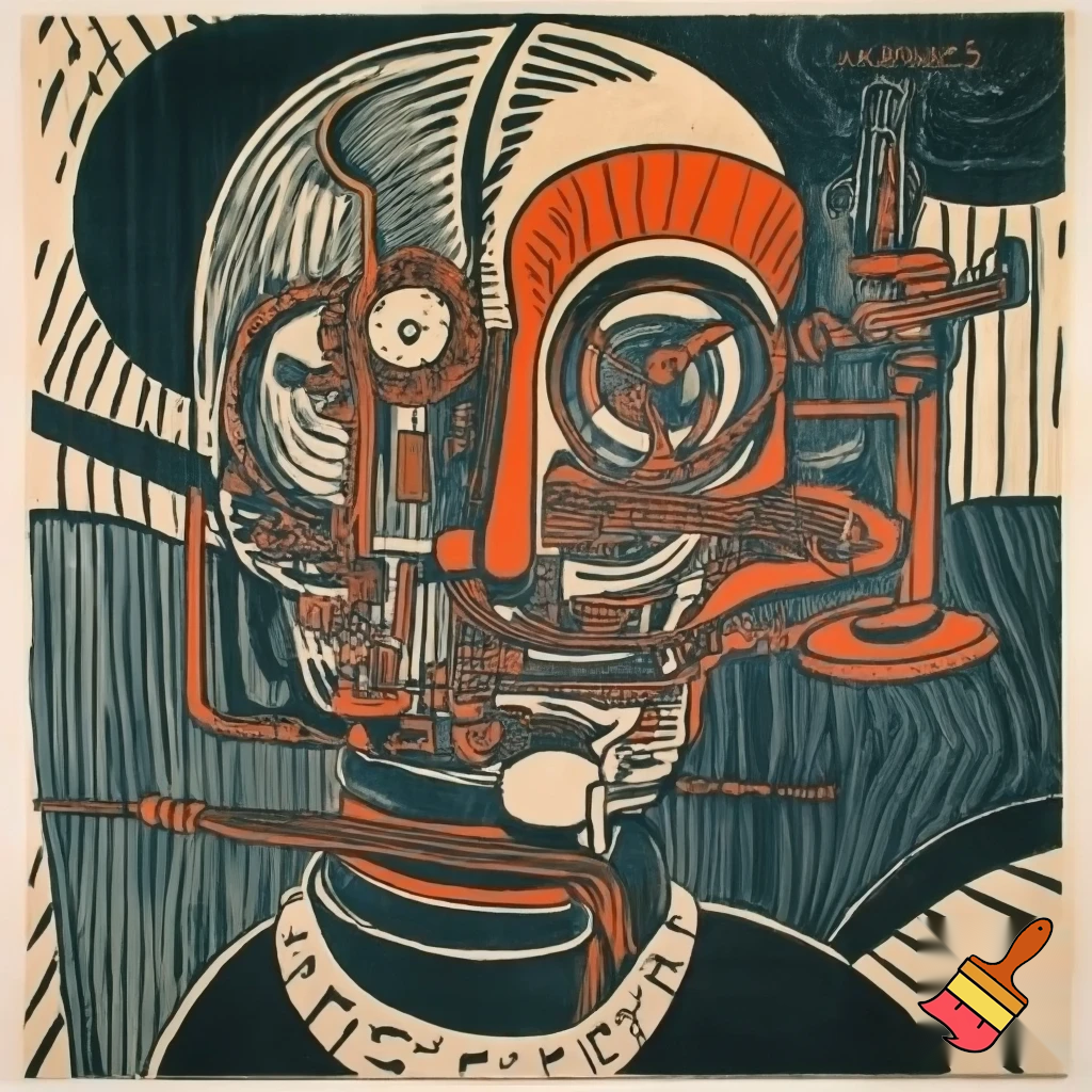 Bio-mechanical post-human noise art. In the style of a 1920's German Expressionist woodcut print.