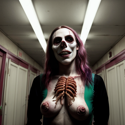 ​A​Photorealistic flash photography of a grimy, liminal hospital hallway. A group of creepy clowns with red, green, purple, straight, frizzy, trashyhair and stained, vintage striped outfits surround a towering, grotesque creature made of tangled intestines and dried maggots with a terrifying, gaping mouth. Eerie fluorescent lighting, dark surrealism, weirdcore aesthetic, macabre atmosphere