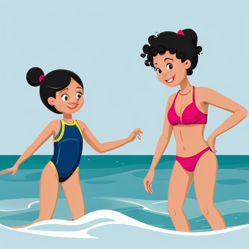Two young small girls, one with dark skin, black curly hair and red two-piece swimsuit, and the other with light skin, blonde straight hair and blue two-piece swimsuit, they are playing in the sea, cartoon-style animation 