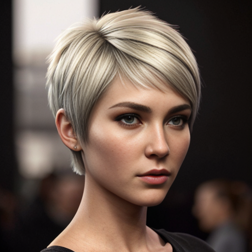 Attractive woman with an ash blonde pixie cut and a slim build 