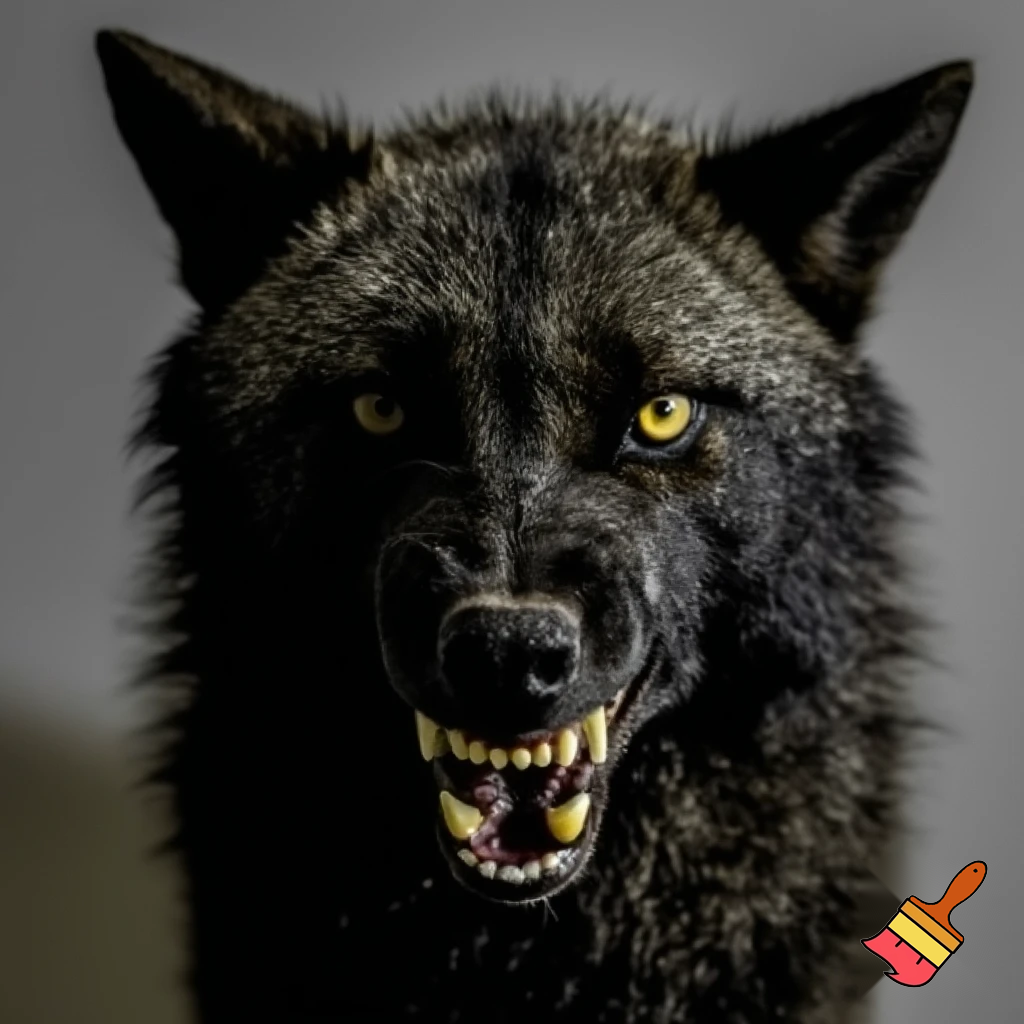 A black wild dog taking a mugshot looking DEADLY, sinister, angry and malicious