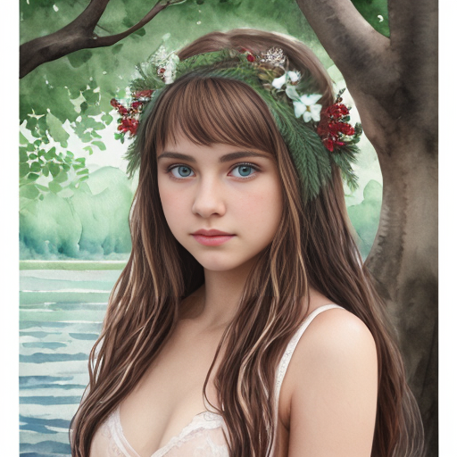 Full view portrait mystical ethereal herbs goddess a thong, herbs dryad. cute teen girl, european, white, opening, pim, spuic hari, looks at camera, camelt cute caucasian white teen girl, christmas, red dark red, night, skin at river, camelt, watercolor painting, seethrou, layin, opening, pim, show, puic hari, tples